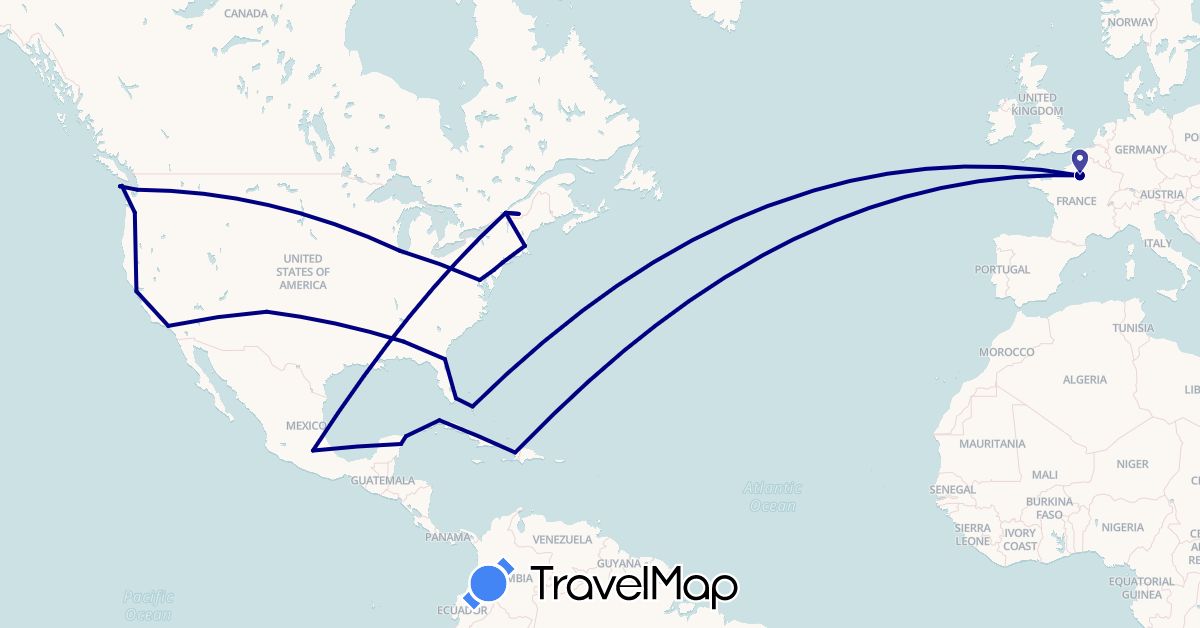 TravelMap itinerary: driving in Bahamas, Canada, Cuba, France, Haiti, Mexico, United States (Europe, North America)